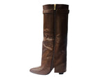 Knee High Faux Leather Fold Over Block Heel Boots