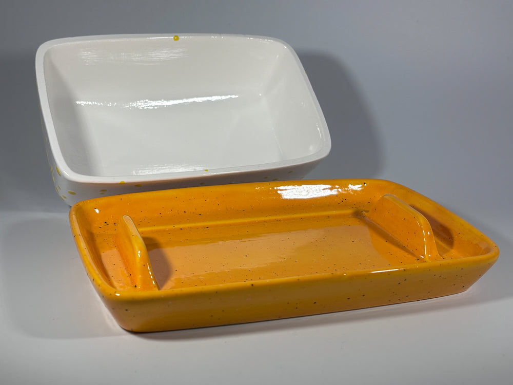 Butter Dish with White Lid Yellow Spots