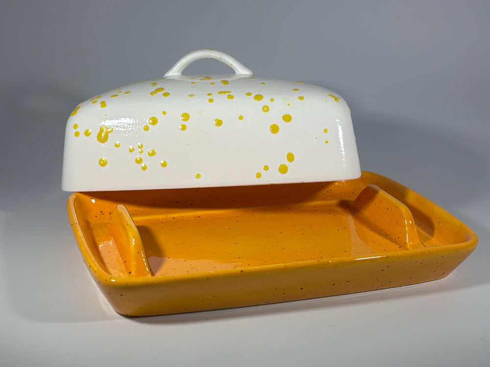 Butter Dish with White Lid Yellow Spots