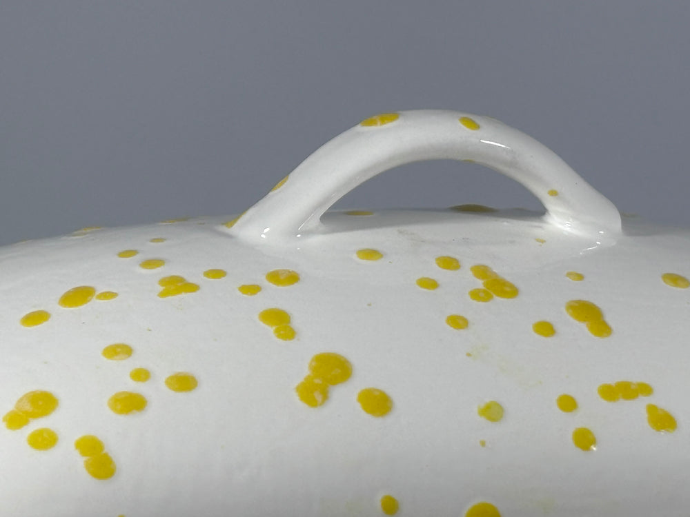 Butter Dish with White Lid Yellow Spots