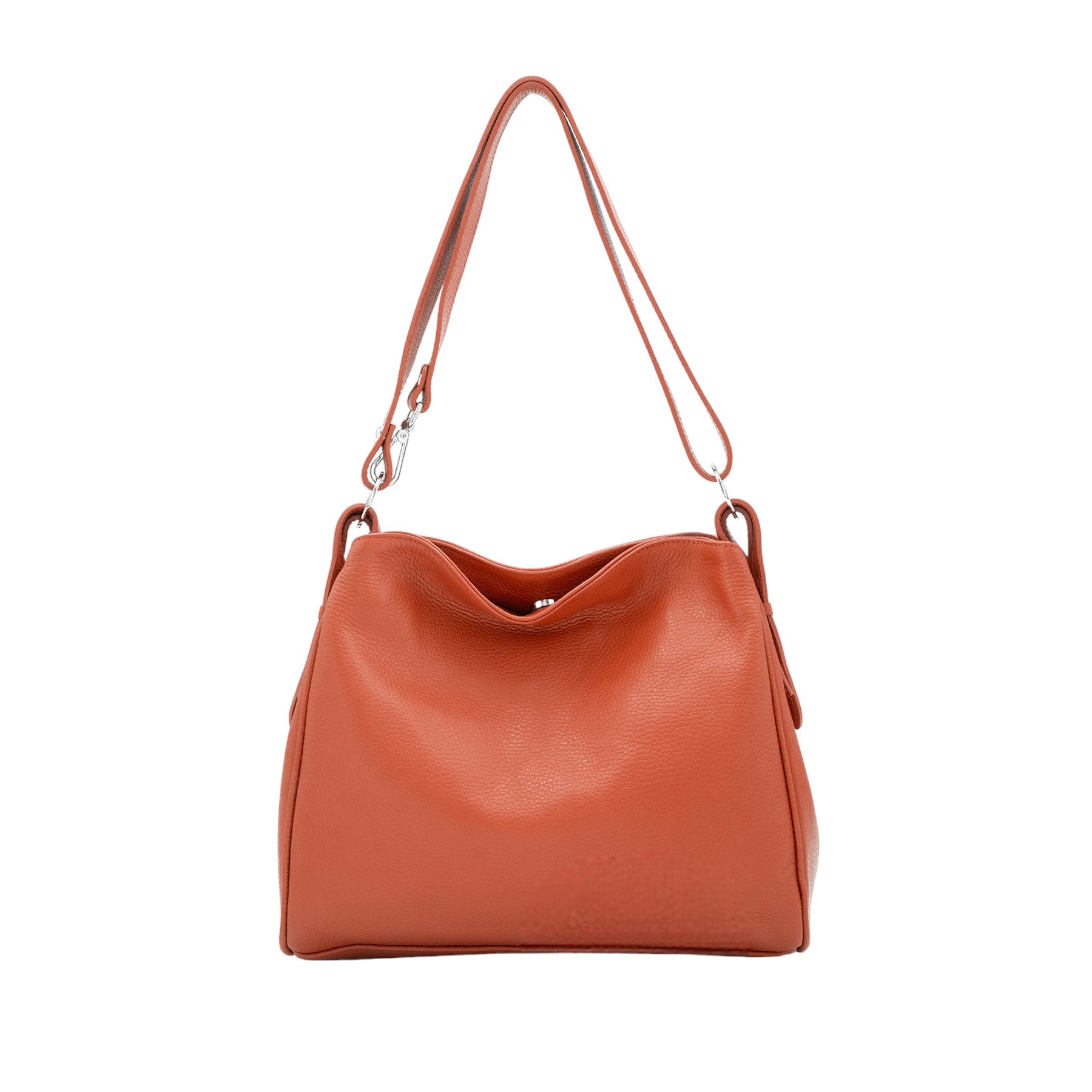 Italian Leather Two Compartments Handbag with Adjustable Strap Large Dark Orange Main image