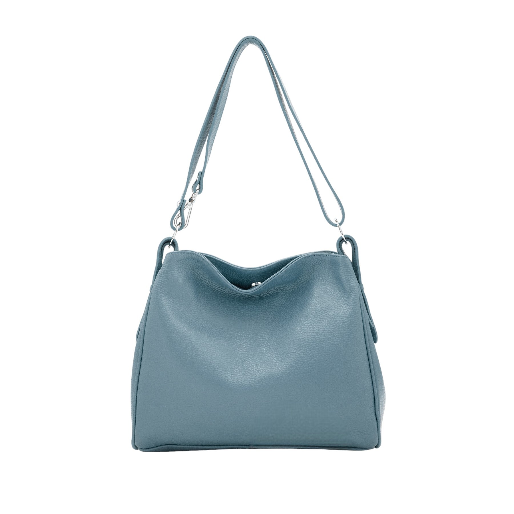 Italian Leather Two Compartments Handbag with Adjustable Strap Large Dusty Blue Main image