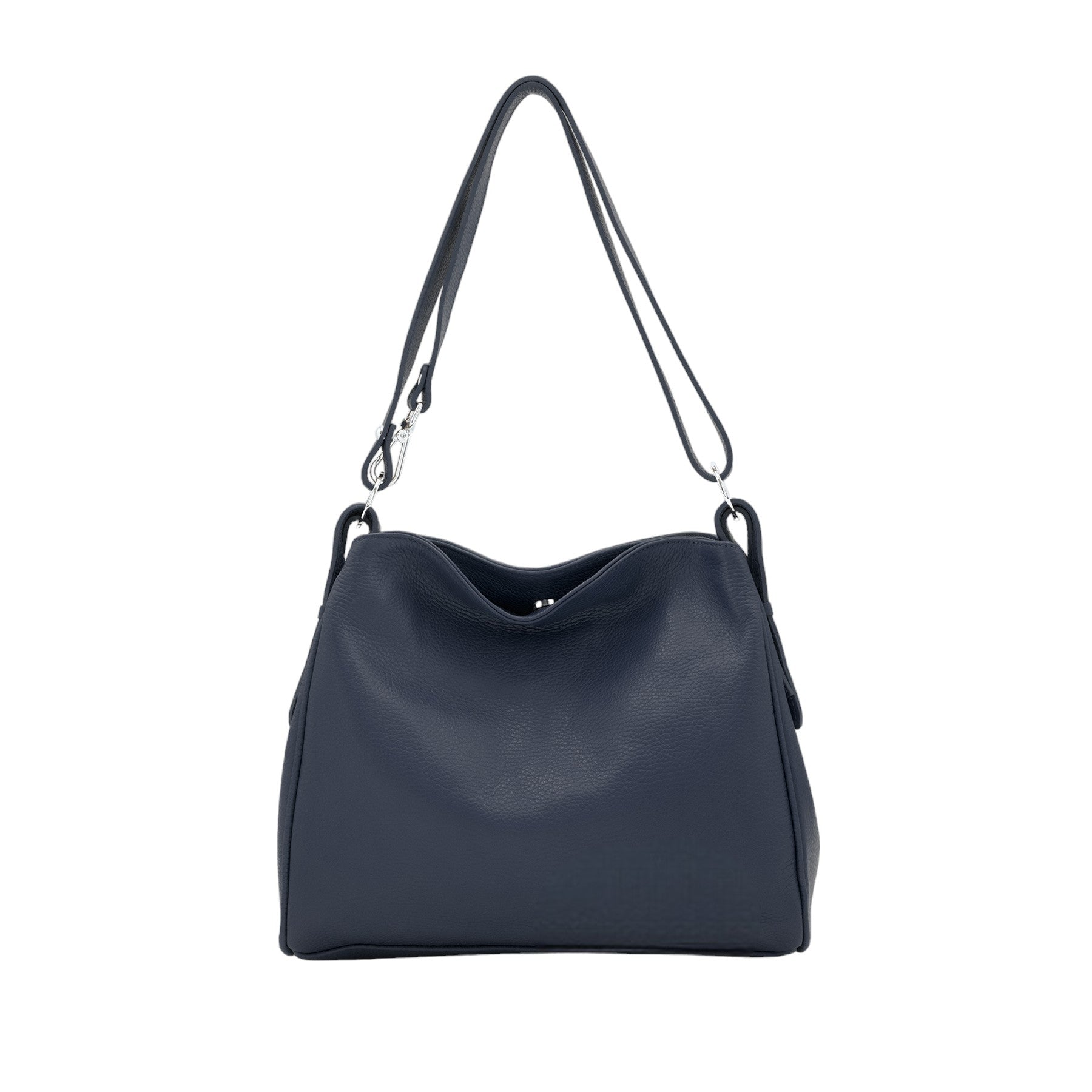 Italian Leather Two Compartments Handbag with Adjustable Strap Large Navy Main image