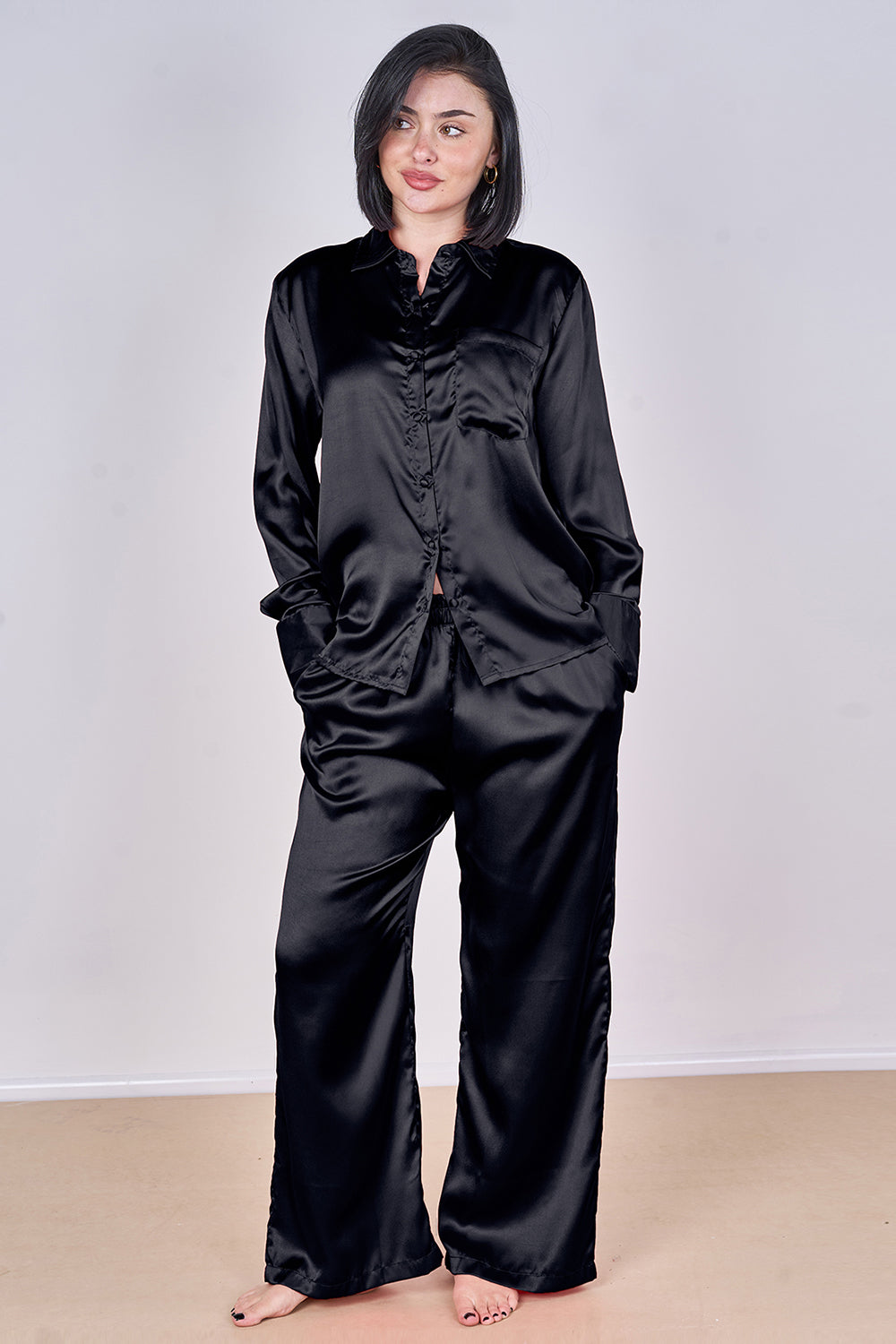 Luxury Satin Pyjama Set Black – Button Detail Sleeve & Pocket Trousers