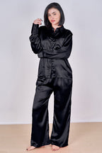 Luxury Satin Pyjama Set Black – Button Detail Sleeve & Pocket Trousers