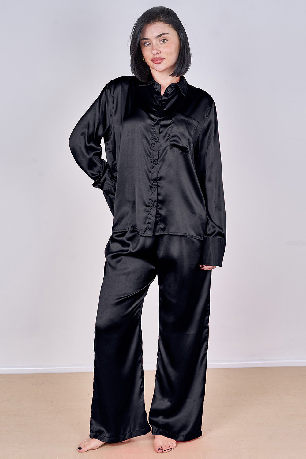 Luxury Satin Pyjama Set Black – Button Detail Sleeve & Pocket Trousers
