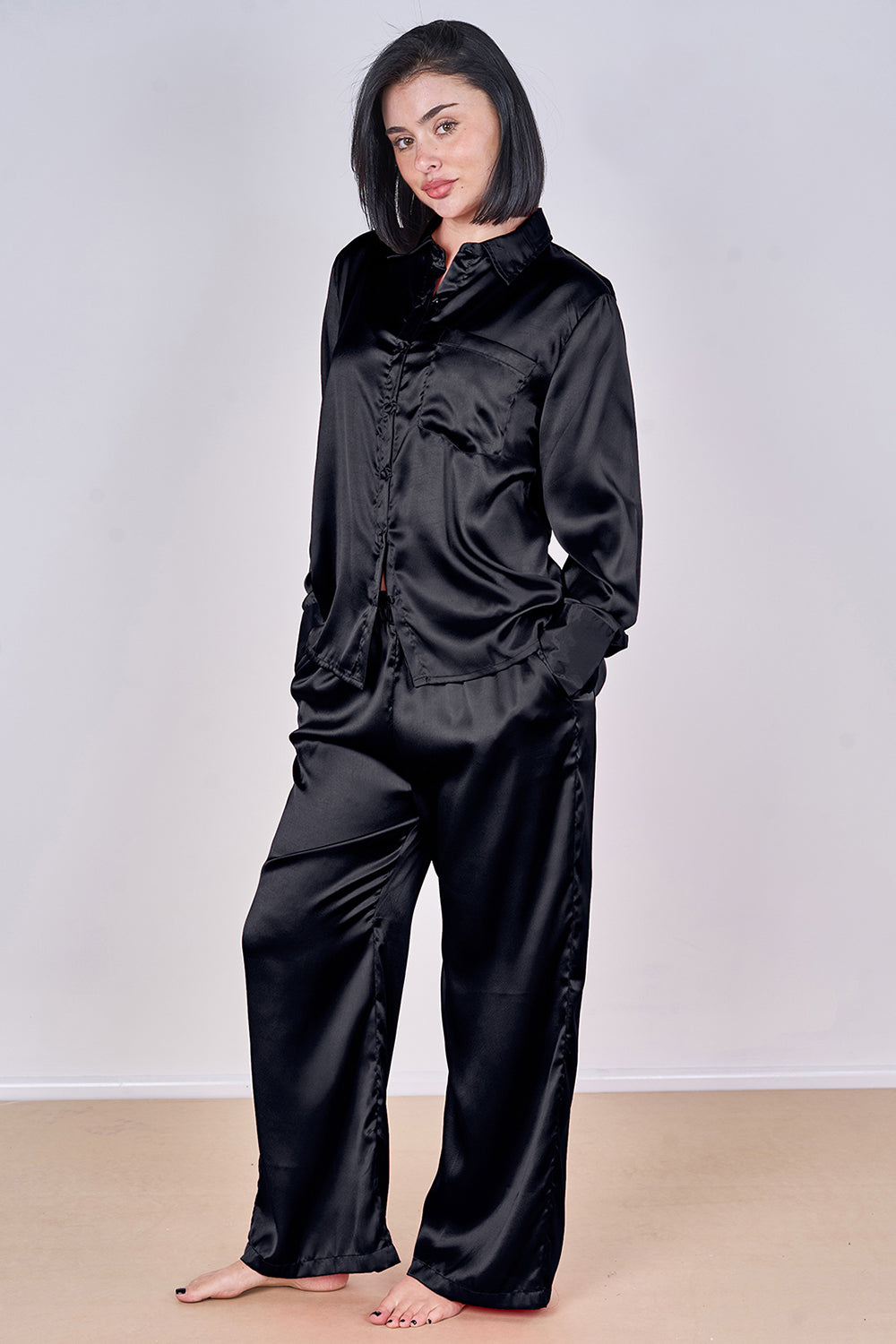 Luxury Satin Pyjama Set Black – Button Detail Sleeve & Pocket Trousers