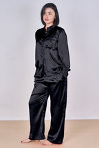 Luxury Satin Pyjama Set Black – Button Detail Sleeve & Pocket Trousers