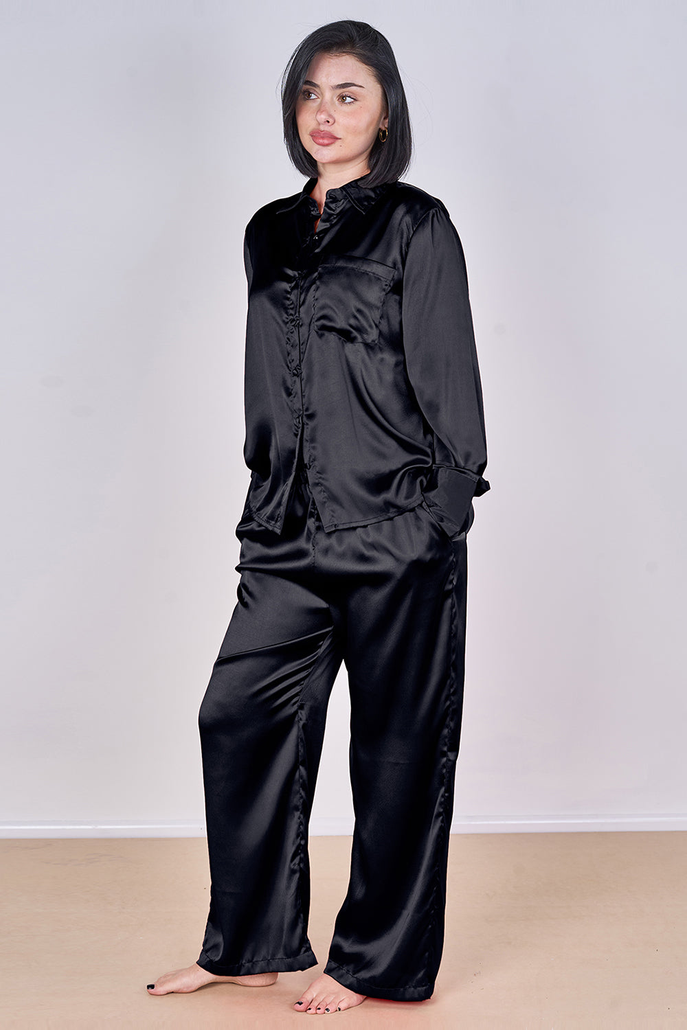 Luxury Satin Pyjama Set Black – Button Detail Sleeve & Pocket Trousers