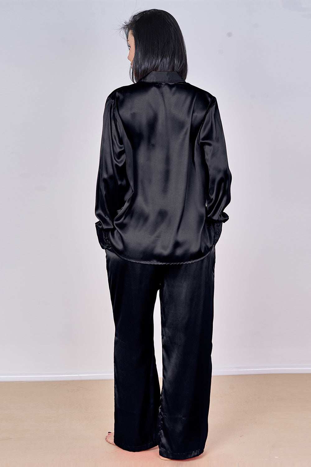 Luxury Satin Pyjama Set Black – Button Detail Sleeve & Pocket Trousers