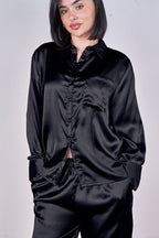 Luxury Satin Pyjama Set Black – Button Detail Sleeve & Pocket Trousers