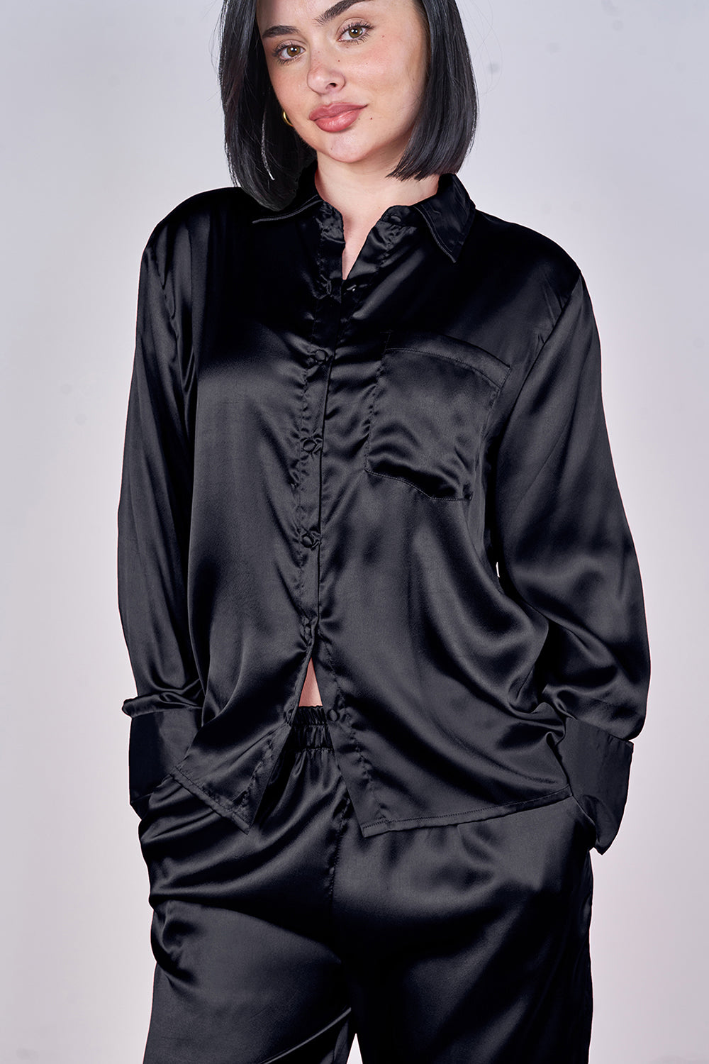 Luxury Satin Pyjama Set Black – Button Detail Sleeve & Pocket Trousers