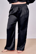 Luxury Satin Pyjama Set Black – Button Detail Sleeve & Pocket Trousers