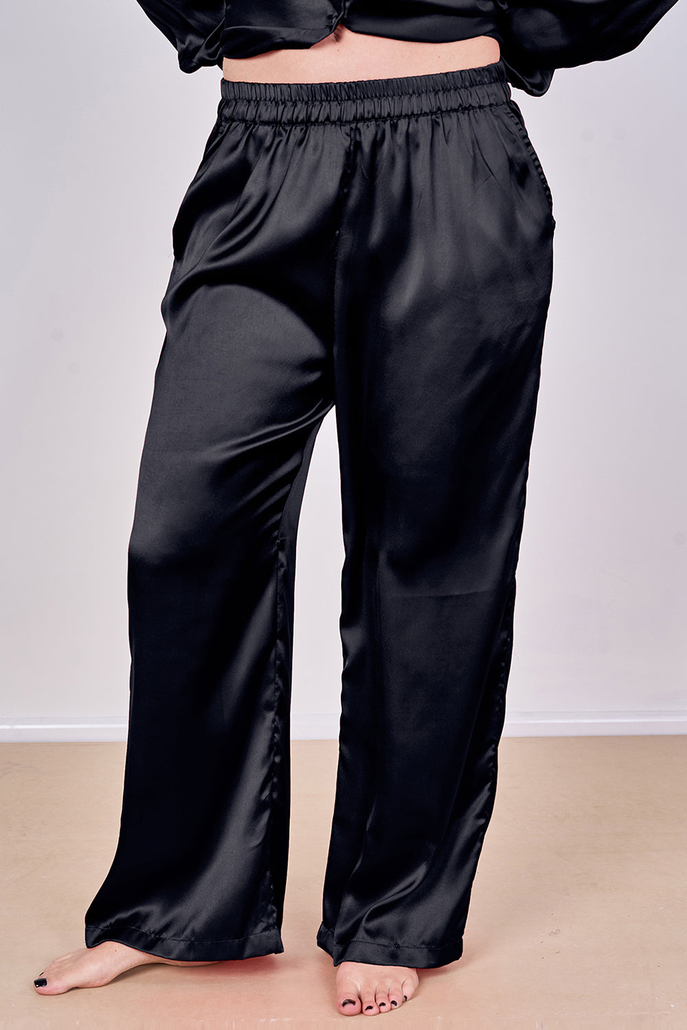 Luxury Satin Pyjama Set Black – Button Detail Sleeve & Pocket Trousers
