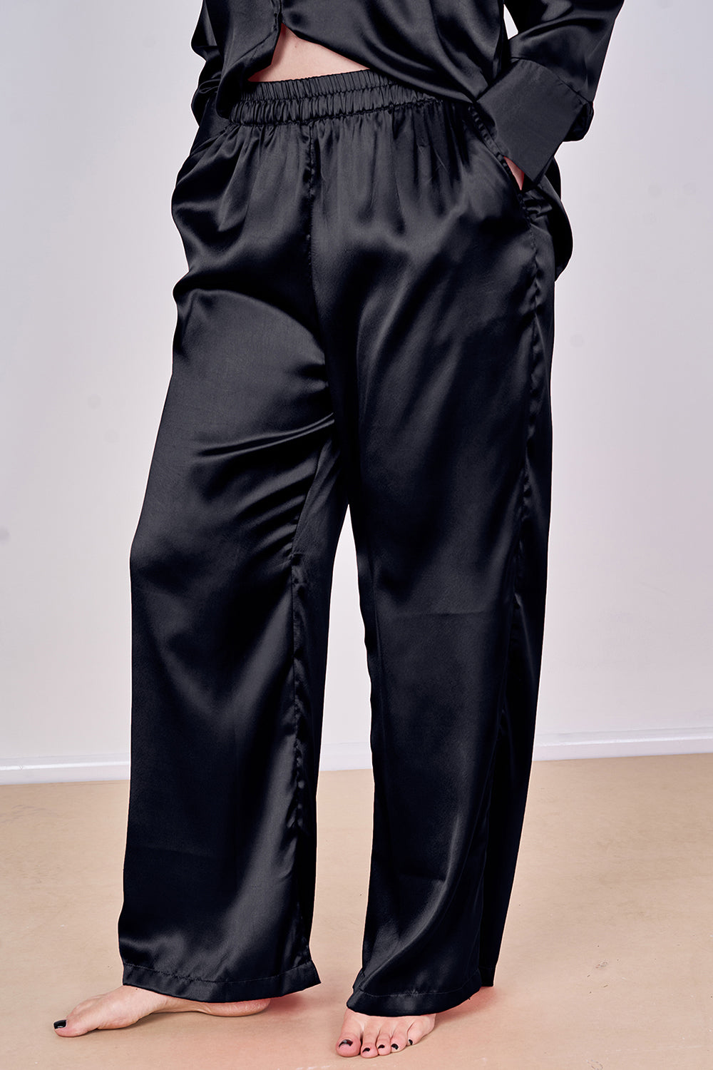 Luxury Satin Pyjama Set Black – Button Detail Sleeve & Pocket Trousers