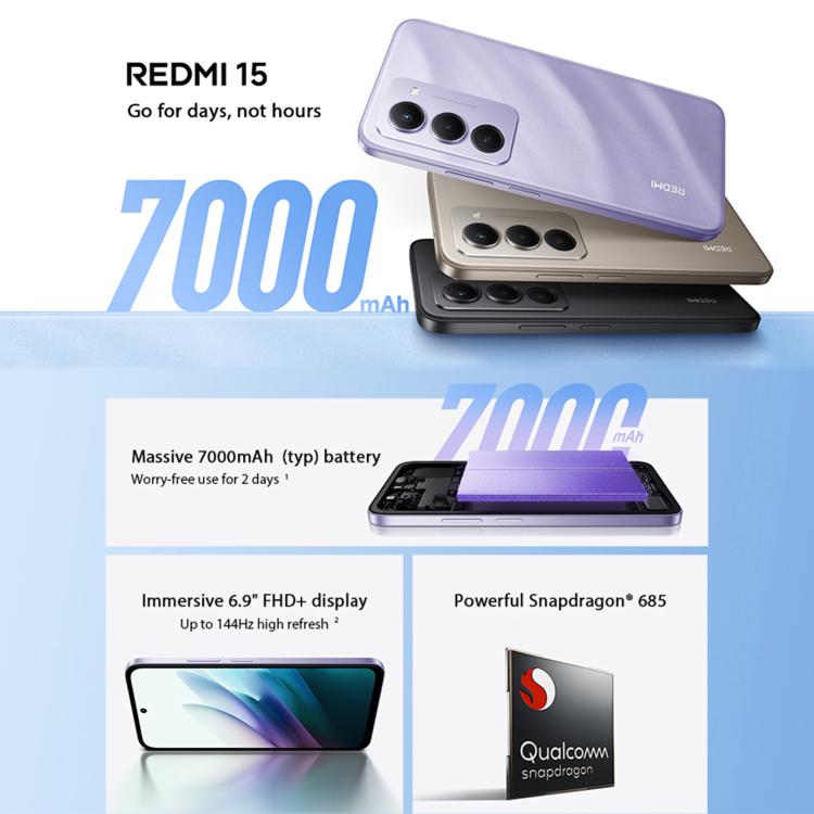 [HK Warehouse] Xiaomi Redmi 15 Global, 6GB+128GB, Side Fingerprint, 6.9 inch Xiaomi HyperOS 2 Snapdragon 685 Octa Core 2.8GHz, Network: 4G, NFC (Black)