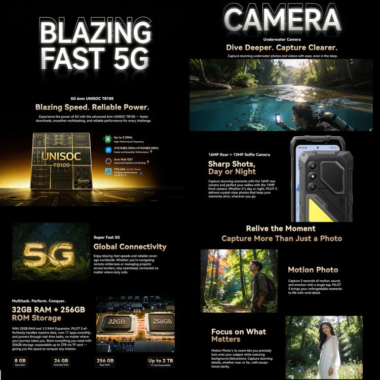 [HK Warehouse] Blackview Oscal Pilot 5 5G Rugged Phone, 8GB+256GB, 6.67 inch Android 16 UMS9620 T8100 Octa Core, Network: 5G, OTG, NFC (Black)
