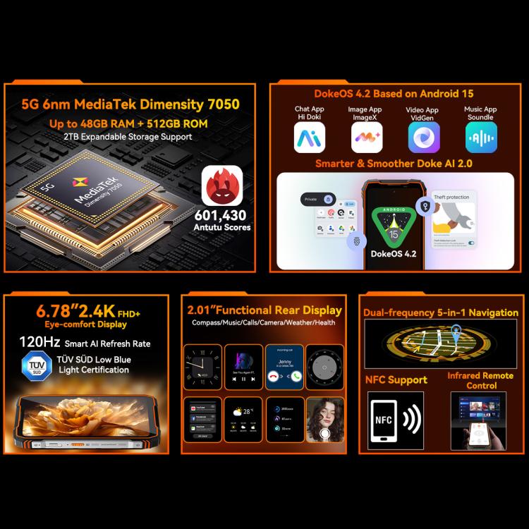 [HK Warehouse] Blackview Oscal TANK 1, 16GB+512GB, 6.78 inch Android 15 DokeOS 4.2 Mediatek Dimensity 7050 Octa Core, Network: 5G, OTG, NFC (Orange)
