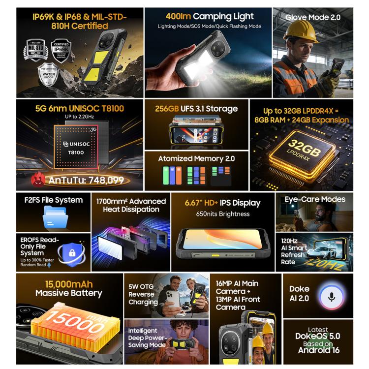 [HK Warehouse] Blackview ROCK 2 Pro Rugged Phone, 8GB+256GB, 6.67 inch Android 16 Unisoc UMS9620 T8100 Octa Core, Network: 5G, OTG, NFC(Yellow)