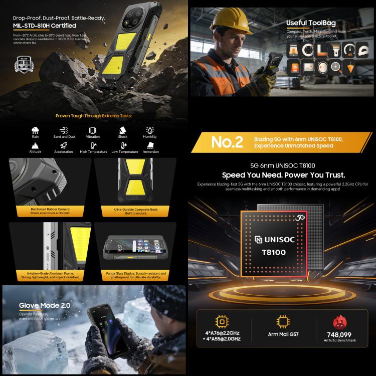 [HK Warehouse] Blackview ROCK 2 Pro Rugged Phone, 8GB+256GB, 6.67 inch Android 16 Unisoc UMS9620 T8100 Octa Core, Network: 5G, OTG, NFC(Black)