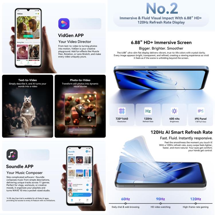 [HK Warehouse] Blackview WAVE 10, 8GB+128GB, 6.88 inch Android 16 Unisoc UMS9230E Octa Core, Network: 4G, OTG (Graphite Black)