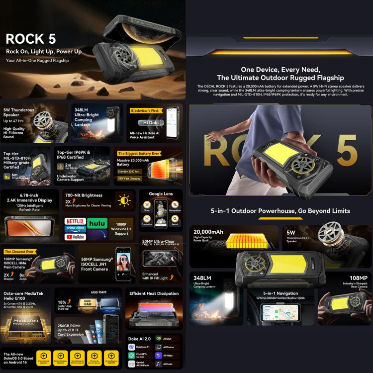 [HK Warehouse] Blackview ROCK 5 Rugged Phone, 6GB+256GB, 6.67 inch Android 16 Helio G100 MT8781 Octa Core, Network: 4G, OTG, NFC (Black)