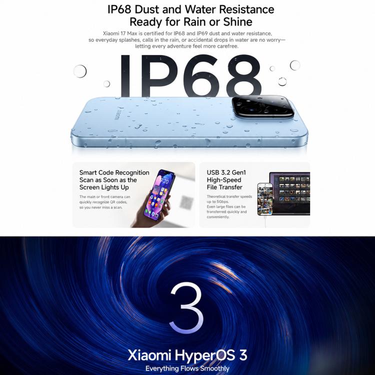Xiaomi 17 Max, 12GB+512GB, 3D Ultrasonic Fingerprint, 6.9 inch Xiaomi HyperOS 3 Snapdragon 8 Elite Gen 5 Octa Core, NFC, Network: 5G (White)