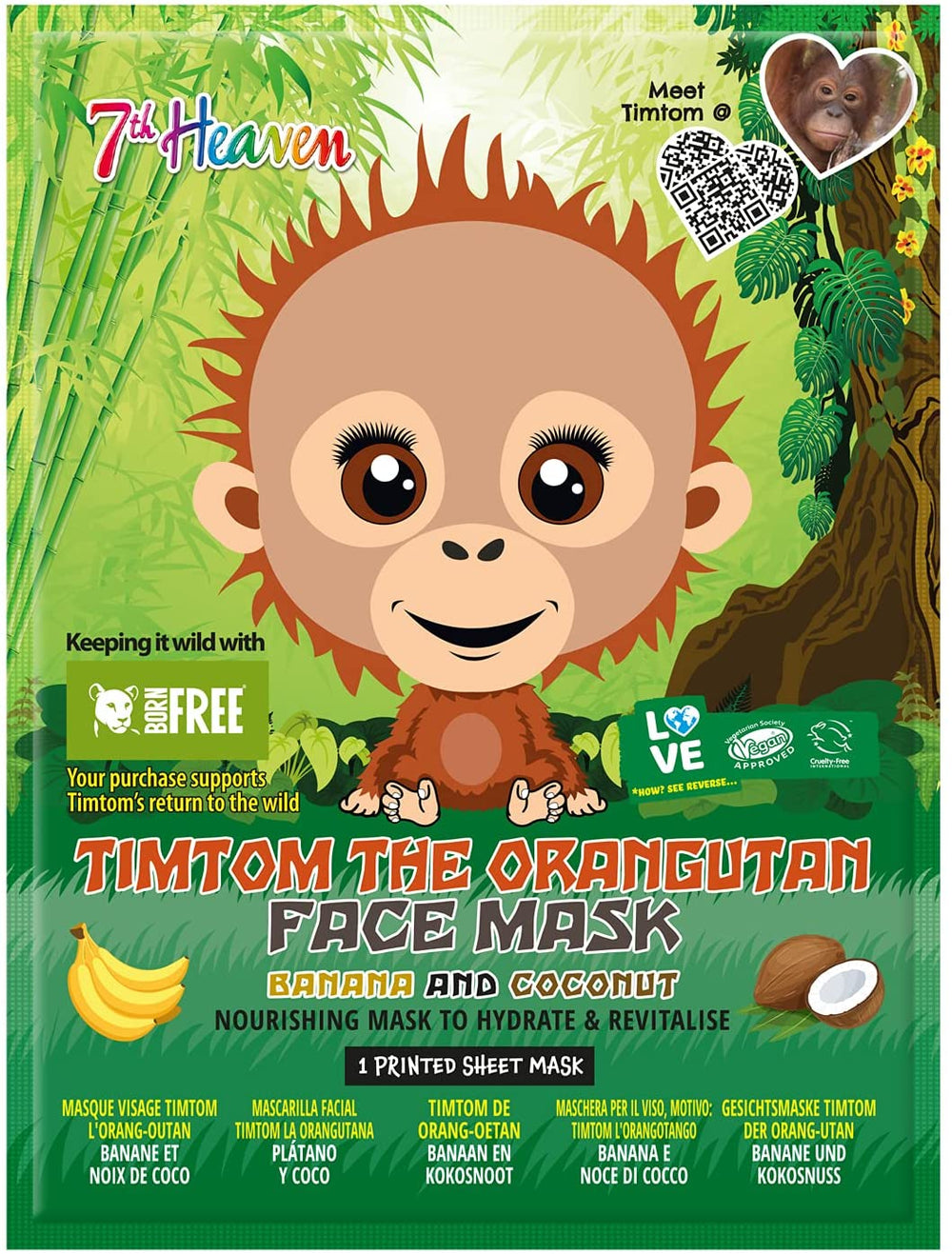 7th Heaven Born Free TimTom Orangutan Sheet Face Mask Enriched with Banana and Coconut to Nourish, Hydrate and Revitalise Skin - Ideal for All Skin Types, Fun for Parties and Selfies (Ages 8+) Main image