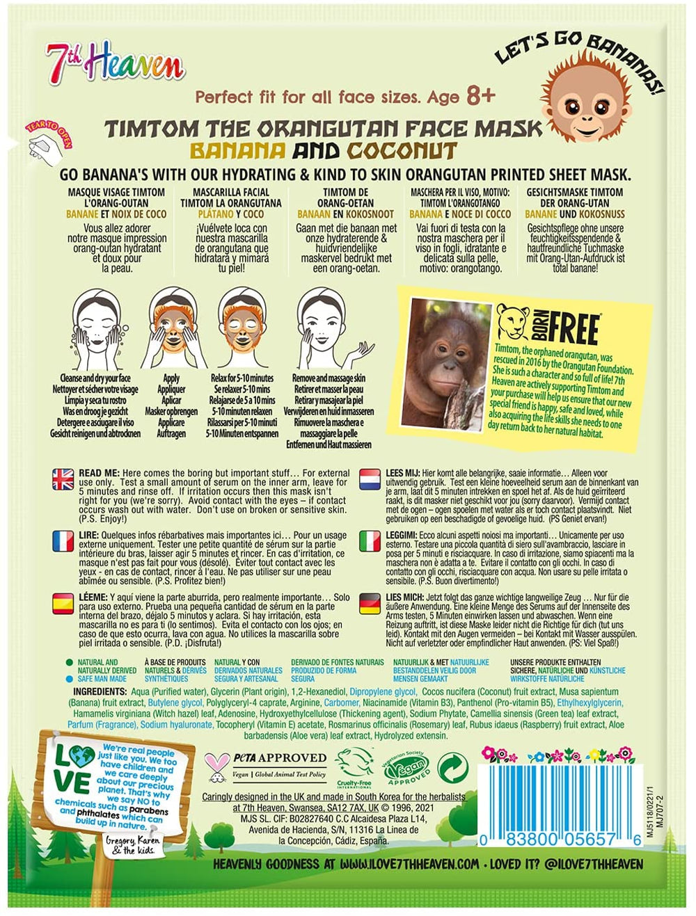 7th Heaven Face Food Born Free TimTom Orangutan Sheet Mask enriched with Banana and Coconut to Nourish, Hydrate and Revitalise your Skin Secondary image