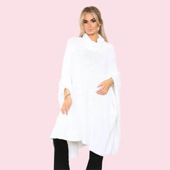 Women's White Roll Up Neck Soft Knitted Poncho Capes - Oversized Sweater Shawl Pullover for Spring, Winter, and Autumn - Elaina Fashion