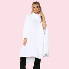 Women's White Roll Up Neck Soft Knitted Poncho Capes - Oversized Sweater Shawl Pullover for Spring, Winter, and Autumn - Elaina Fashion