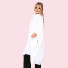 Women's White Roll Up Neck Soft Knitted Poncho Capes - Oversized Sweater Shawl Pullover for Spring, Winter, and Autumn - Elaina Fashion
