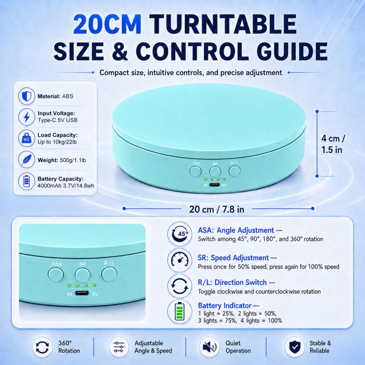 PULUZ 20cm Electric 360 Degree Rotating Display Stand Turntable, Speed / Angle / Direction Adjustable, Load 5-10kg (Blue) Secondary image