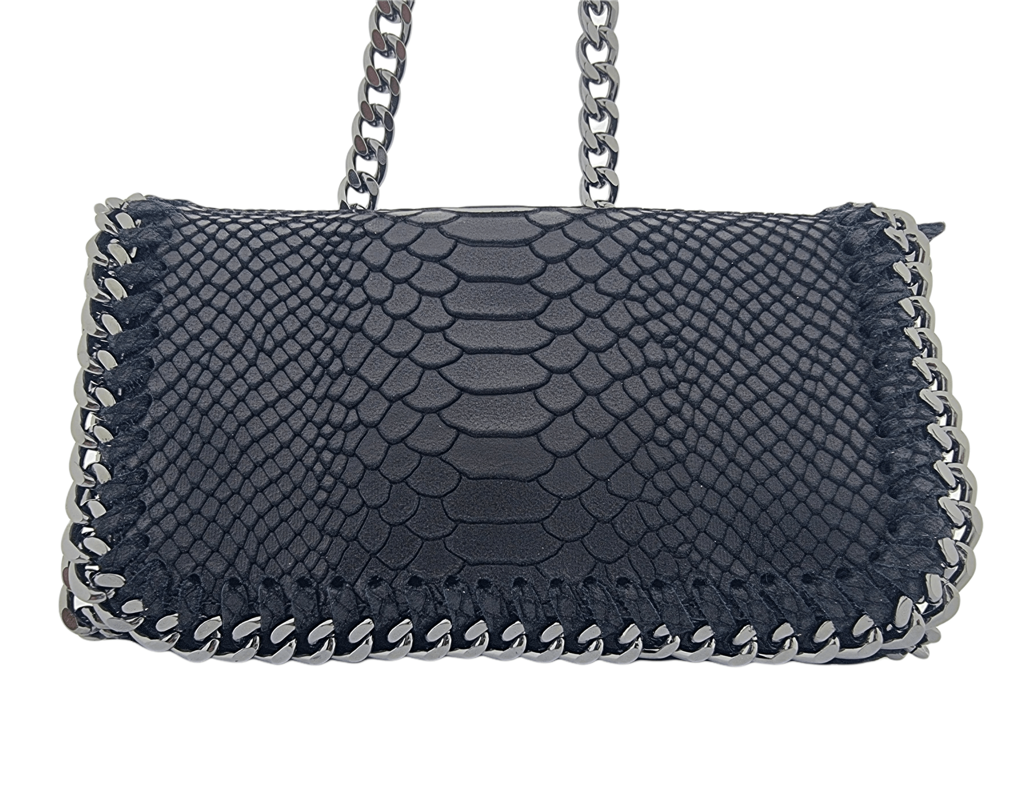 Italian Designer Soft Leather Snakeskin Print Chain Crossbody - Black