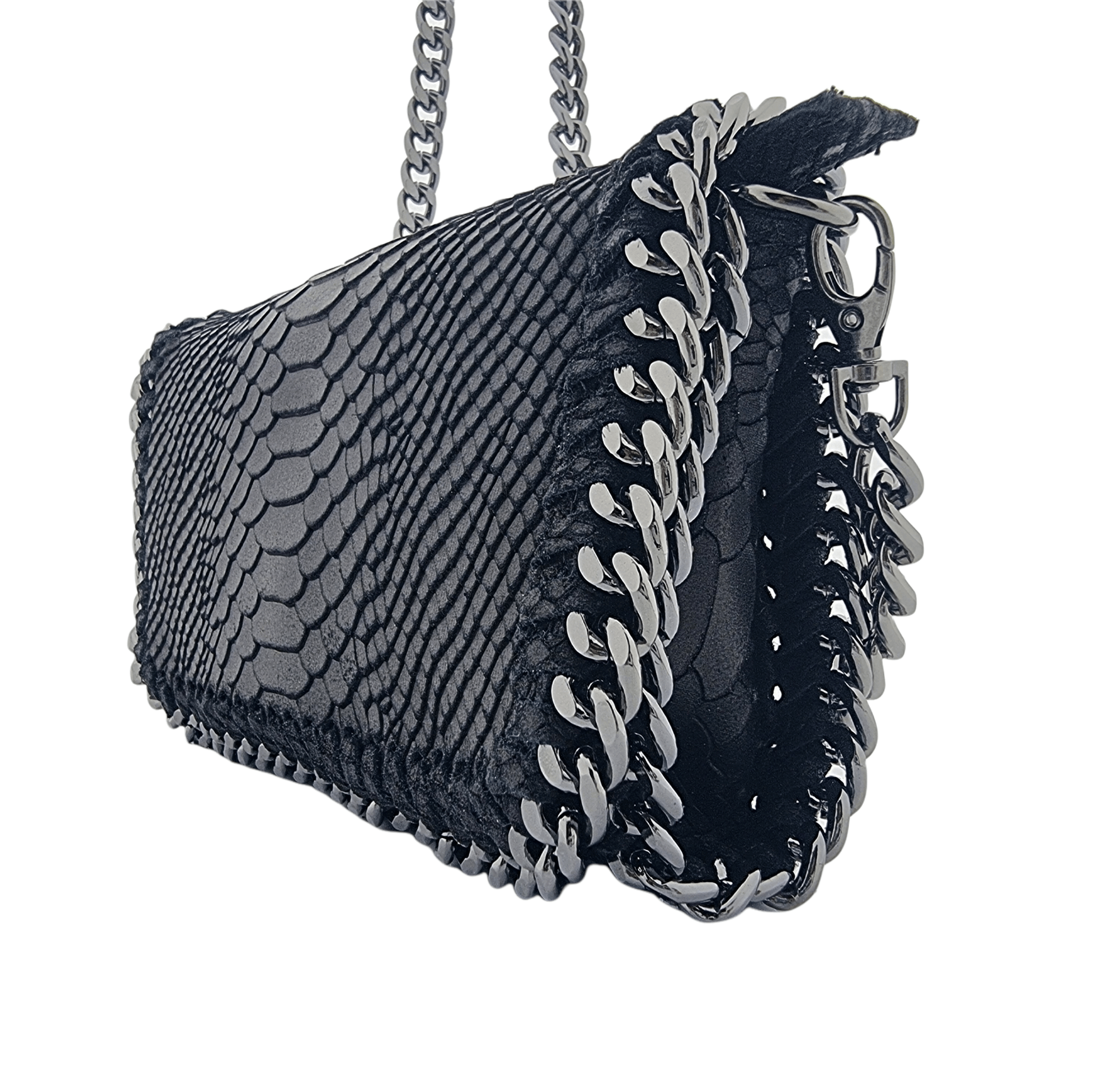 Italian Designer Soft Leather Snakeskin Print Chain Crossbody - Black