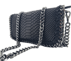 Italian Designer Soft Leather Snakeskin Print Chain Crossbody - Black