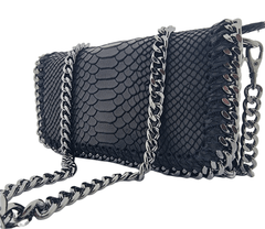 Italian Designer Soft Leather Snakeskin Print Chain Crossbody - Black