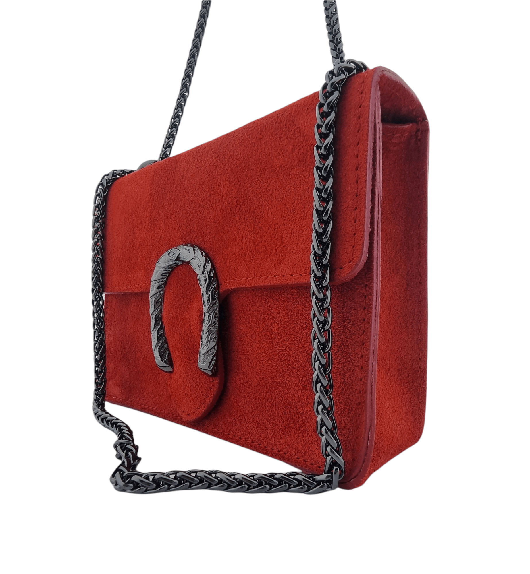 Italian Designer - Swolit Camilla Soft Red Suede Leather Crossbody Bag with Horseshoe