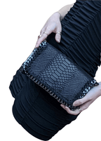 Italian Designer Soft Leather Snakeskin Print Chain Crossbody - Black