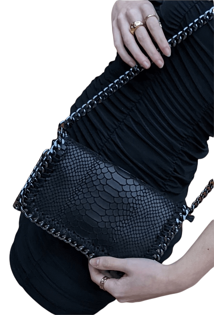 Italian Designer Soft Leather Snakeskin Print Chain Crossbody - Black