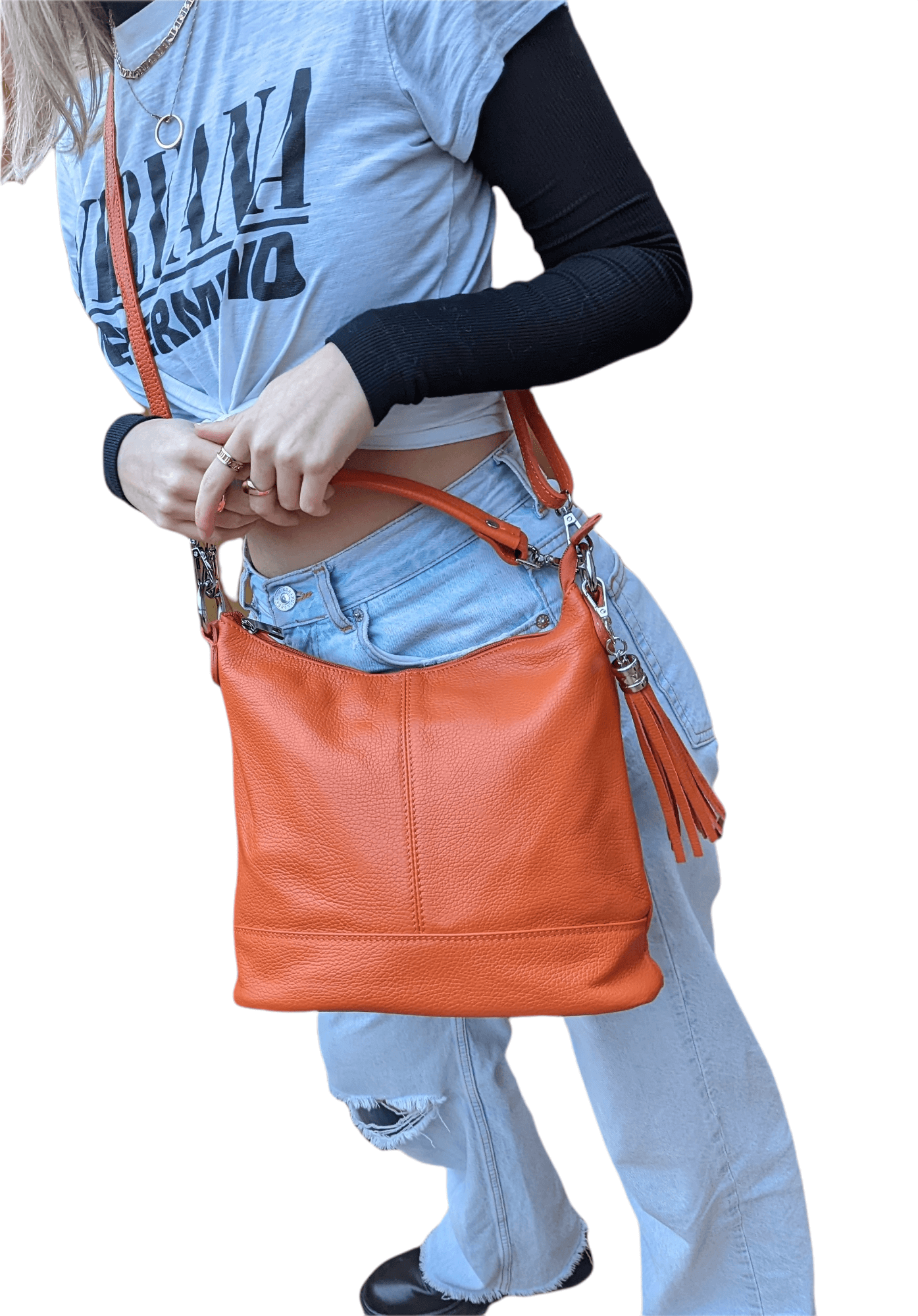 Italian Designer Leather Bucket Bag with Tassel- Swolit Tullio Stone Secondary image