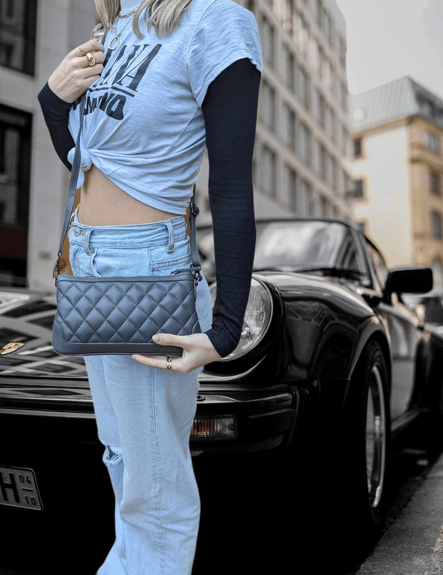 Italian Designer Leather Quilted Clutch Crossbody - Swolit Paxe Dark Grey Secondary image