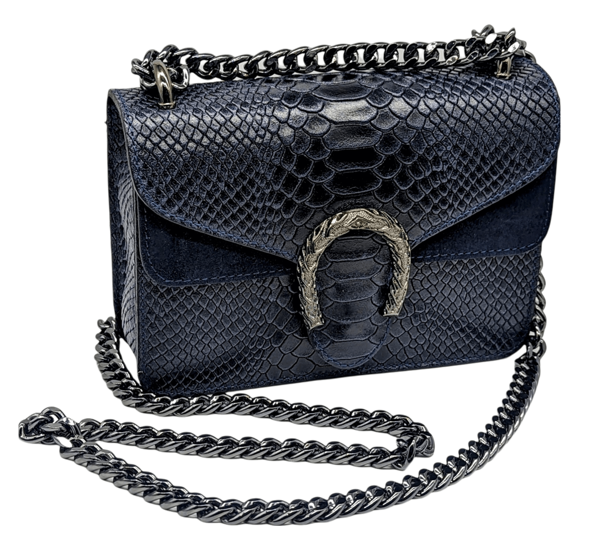 Italian Designer Leather Crossbody Bag with Horseshoe - Swolit Camilla Snake- Navy