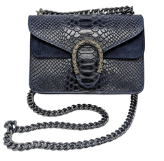 Italian Designer Leather Crossbody Bag with Horseshoe - Swolit Camilla Snake- Navy