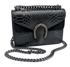 Italian Designer Leather Crossbody Bag with Horseshoe - Swolit Camilla Snake- Black