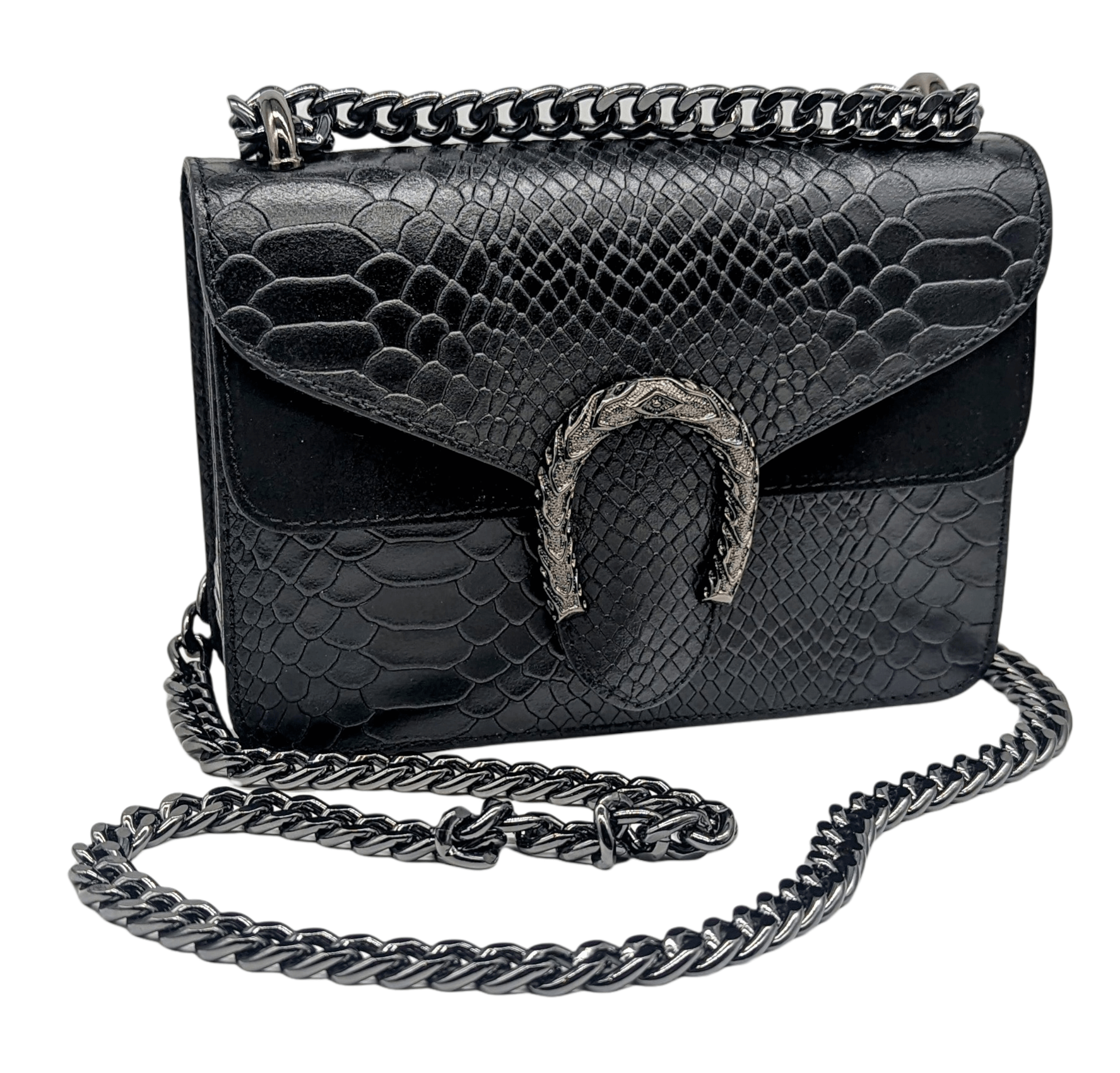Italian Designer Leather Crossbody Bag with Horseshoe - Swolit Camilla Snake- Black