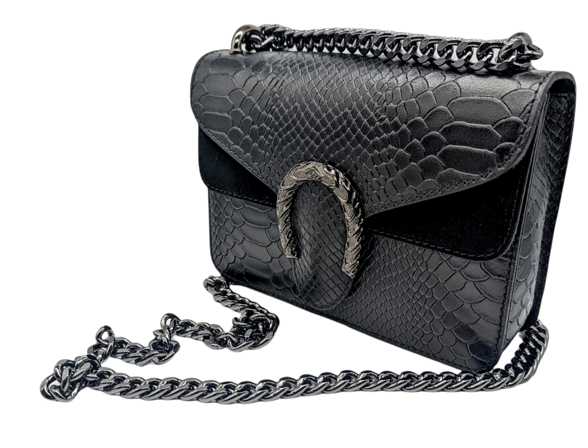 Italian Designer Leather Crossbody Bag with Horseshoe - Swolit Camilla Snake- Black