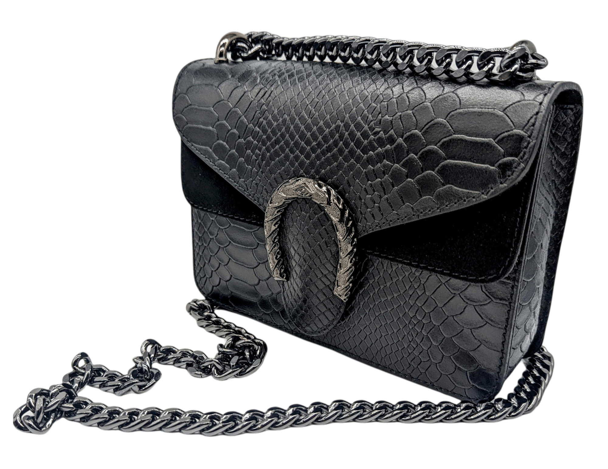 Italian Designer Leather Crossbody Bag with Horseshoe - Swolit Camilla Snake- Black