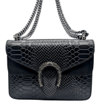 Italian Designer Leather Crossbody Bag with Horseshoe - Swolit Camilla Snake- Black