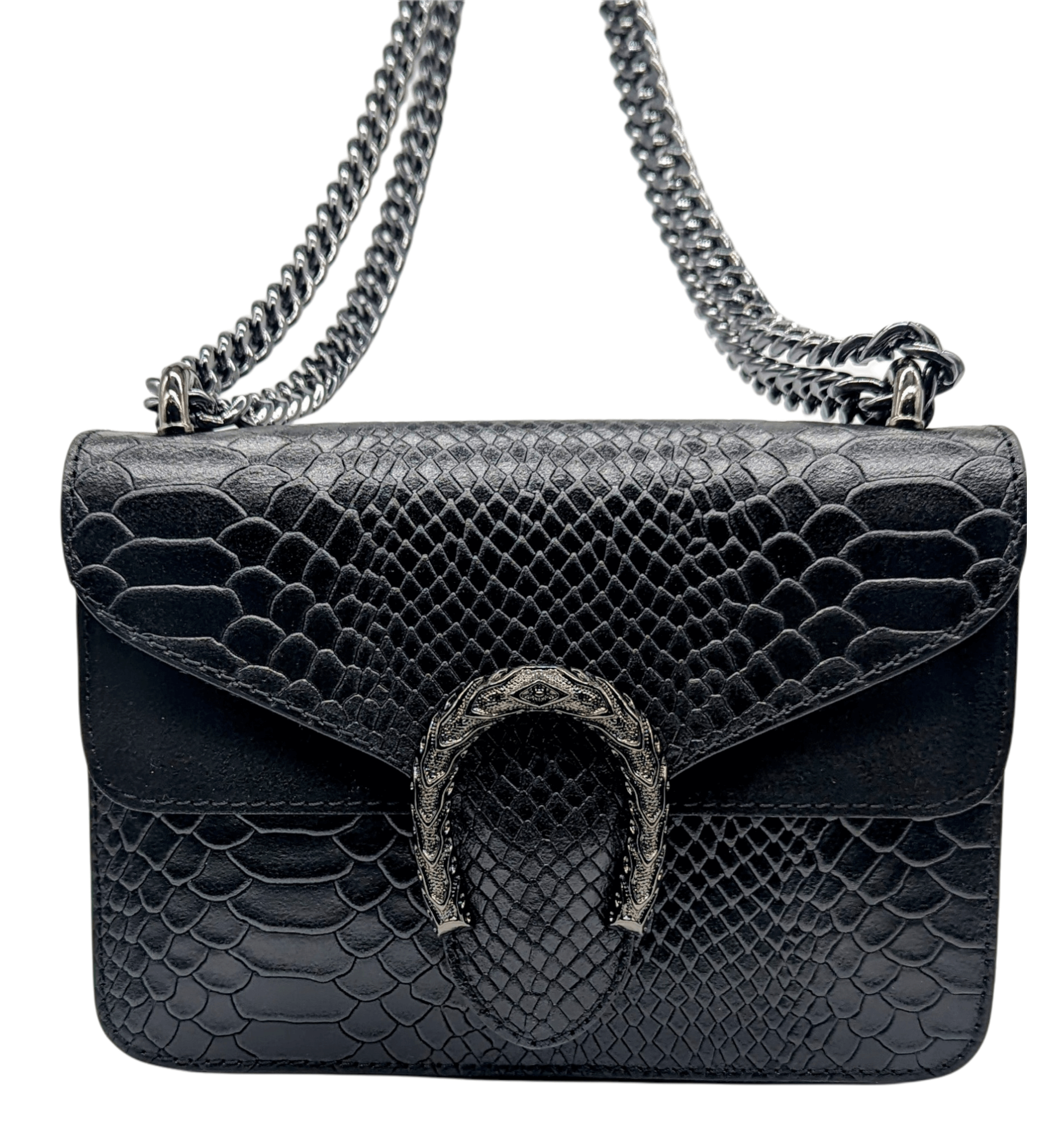 Italian Designer Leather Crossbody Bag with Horseshoe - Swolit Camilla Snake- Black